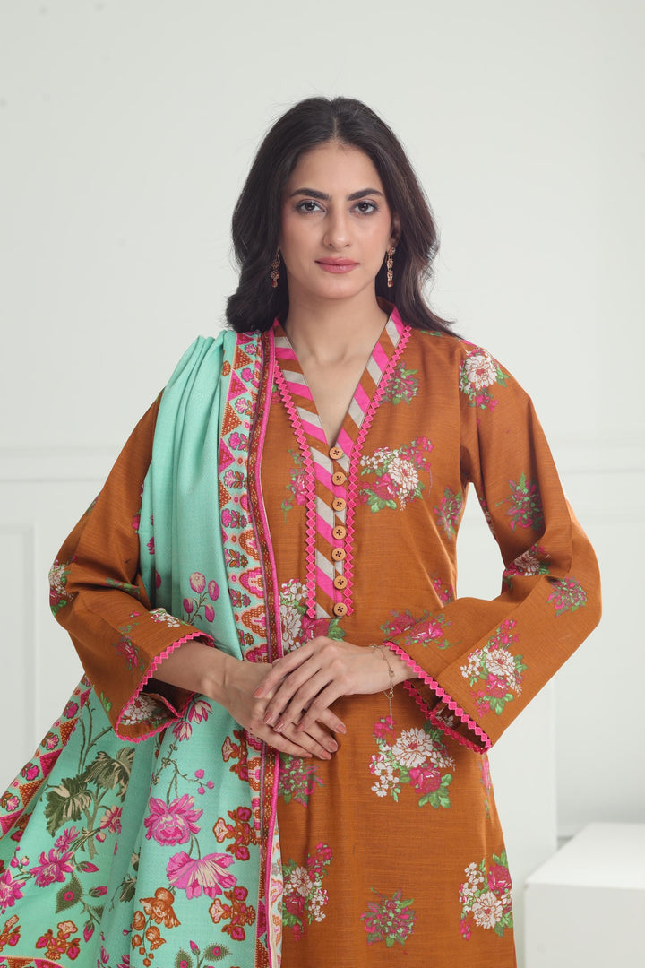 Khaddar Orange Stitched Suit - Limelight