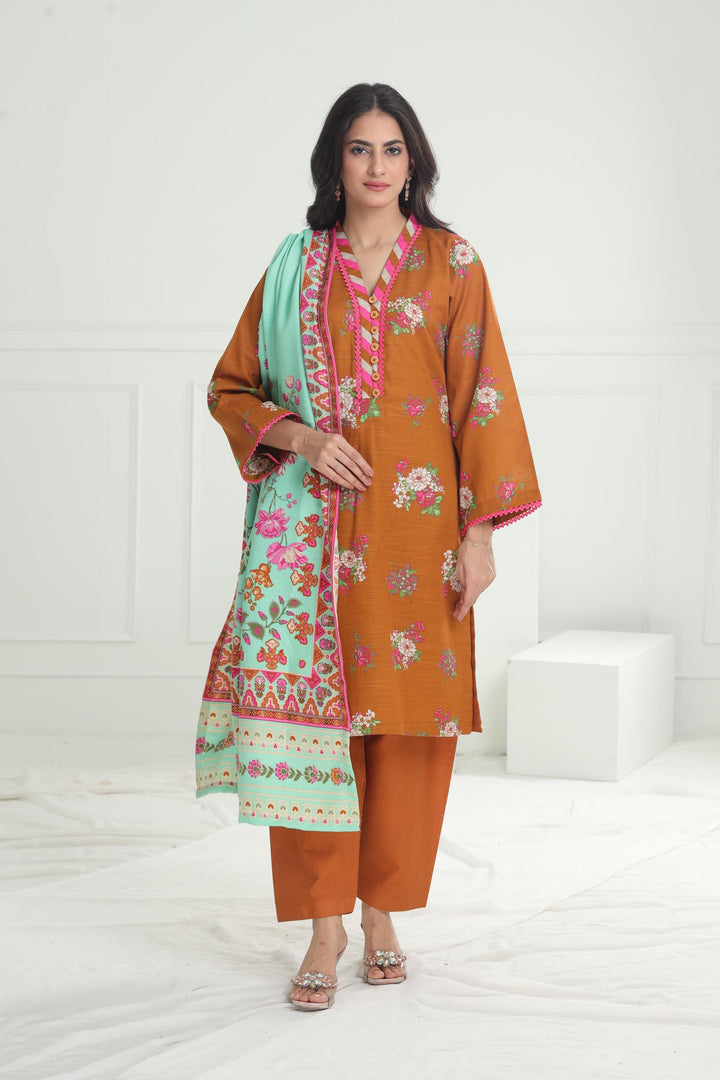 Khaddar Orange Stitched Suit - Limelight