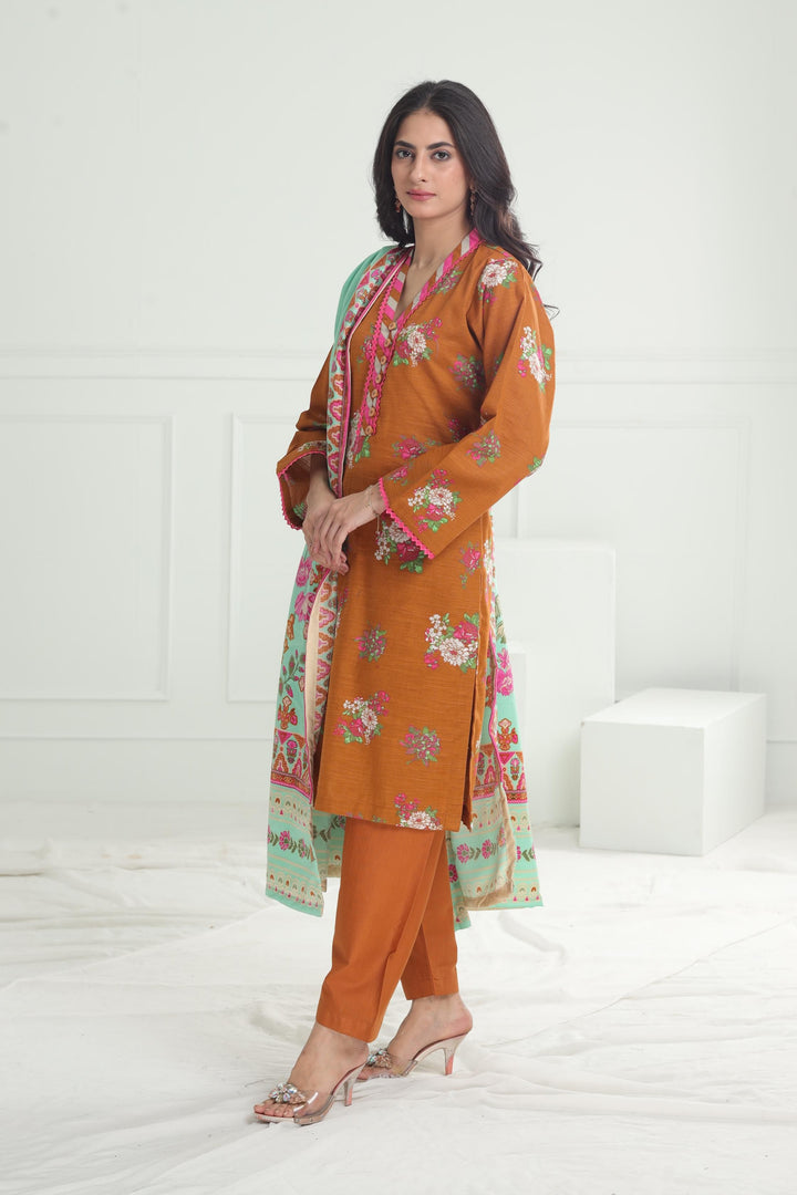 Khaddar Orange Stitched Suit - Limelight