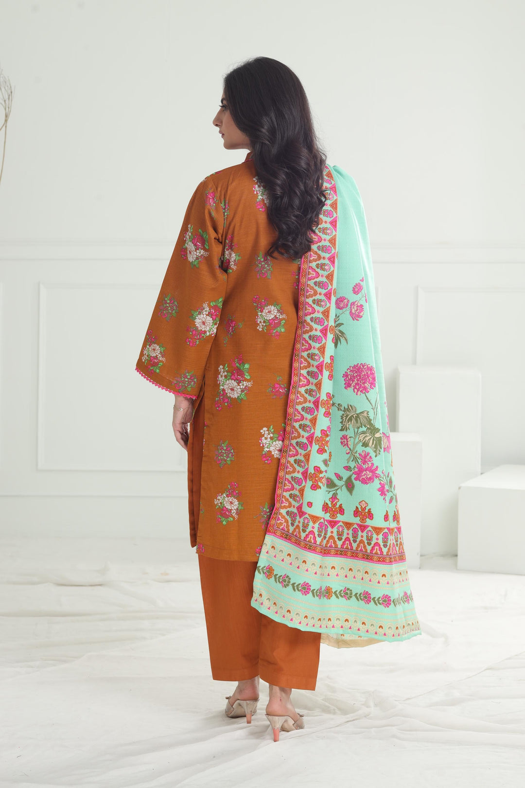 Khaddar Orange Stitched Suit - Limelight