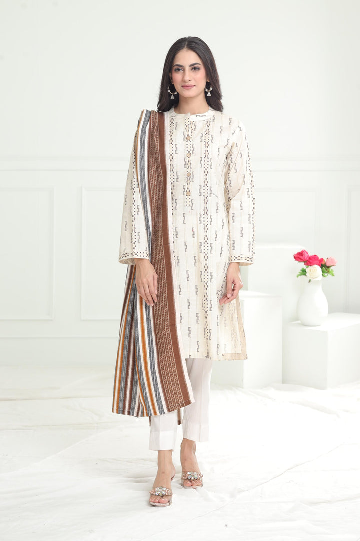 Khaddar Off White Stitched Suit - Limelight