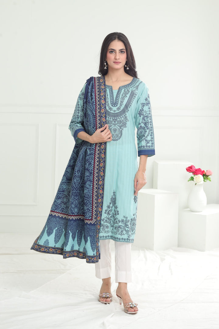 Khaddar Turquoise Stitched Suit - Limelight