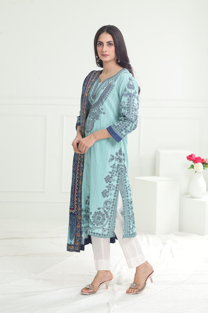 Khaddar Turquoise Stitched Suit - Limelight
