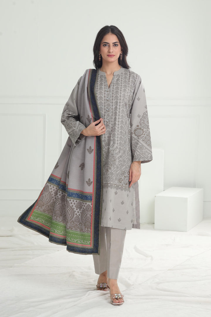 Khaddar Grey Stitched Suit - Limelight