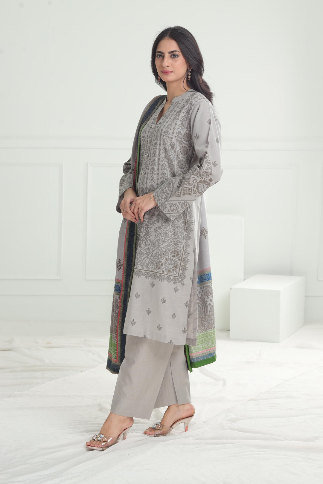 Khaddar Grey Stitched Suit - Limelight