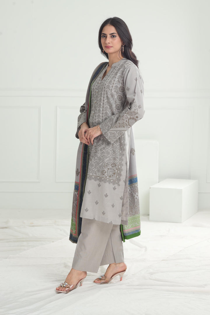 Khaddar Grey Stitched Suit - Limelight