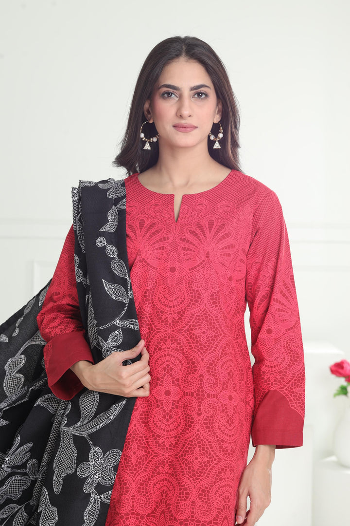 Khaddar Red Stitched Suit - Limelight