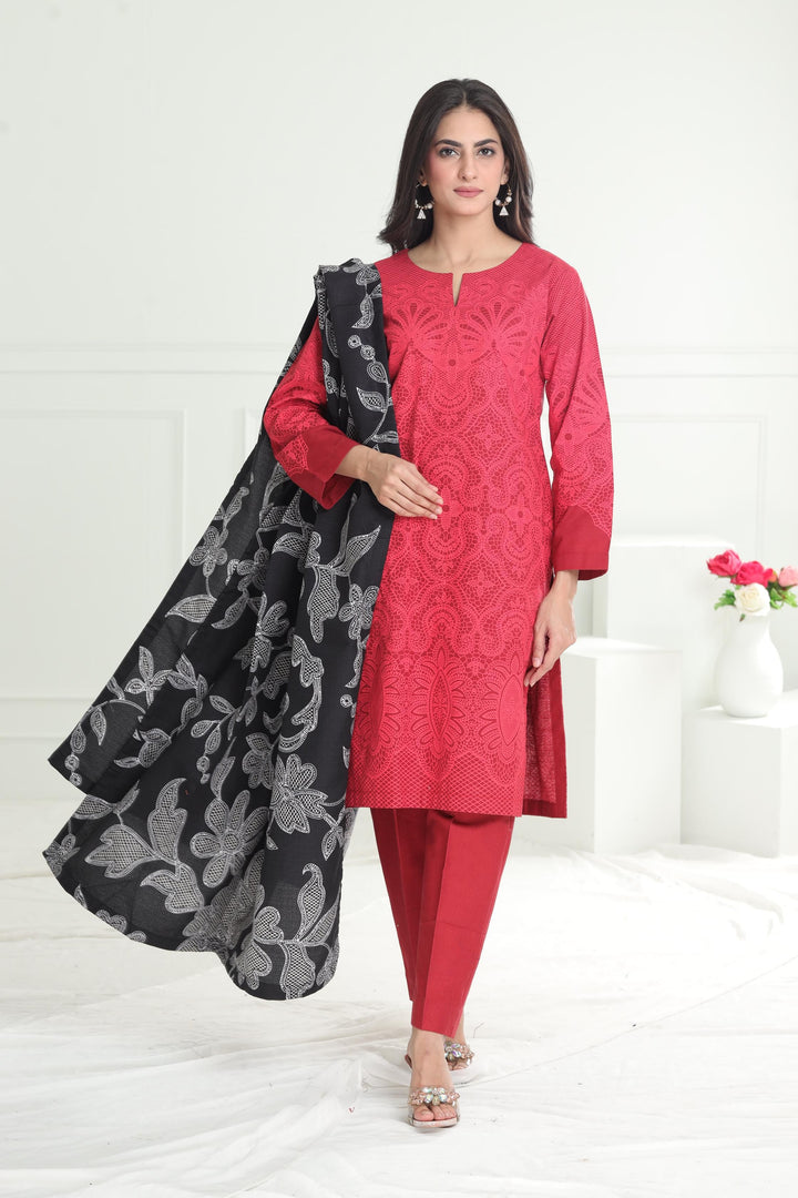 Khaddar Red Stitched Suit - Limelight