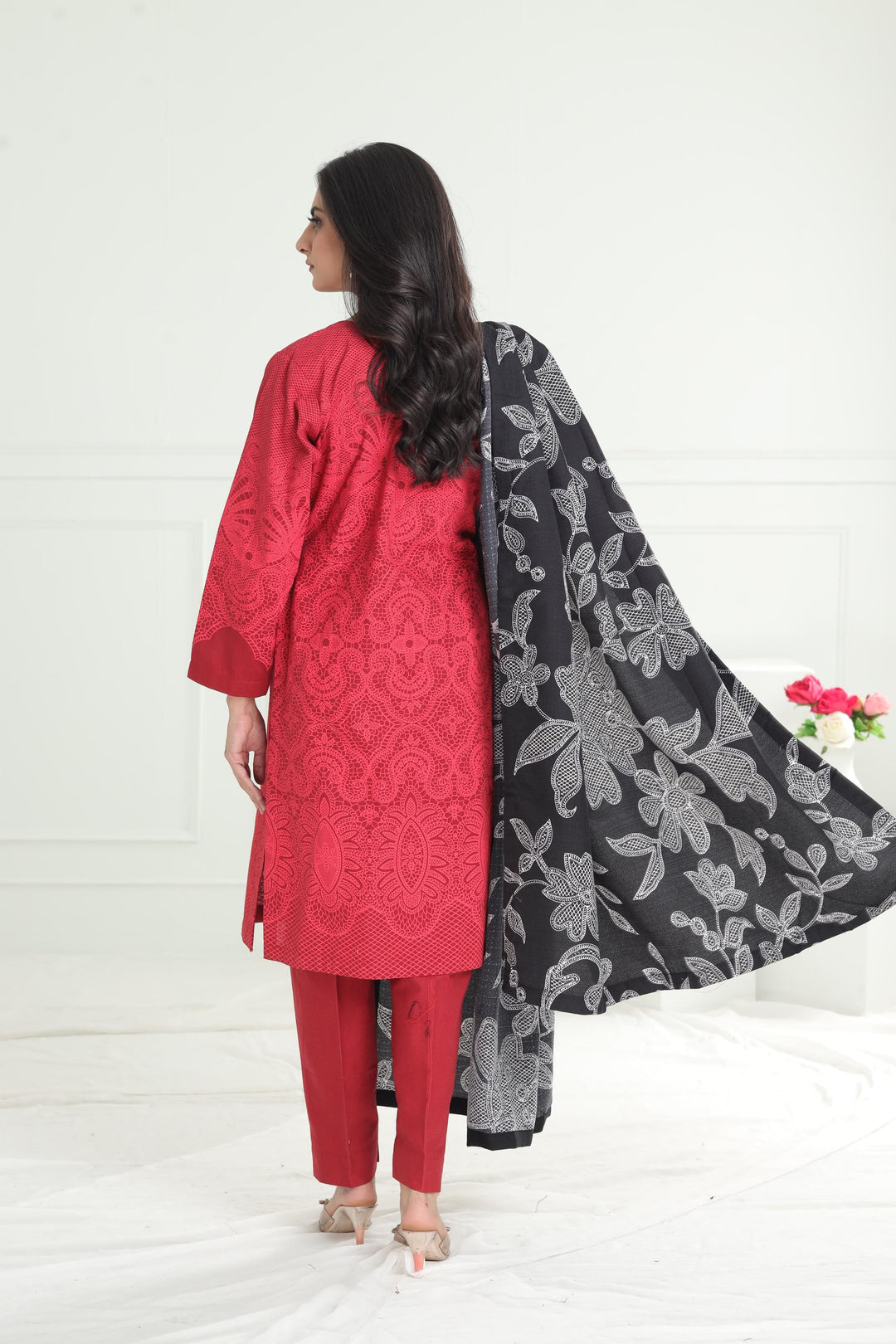 Khaddar Red Stitched Suit - Limelight