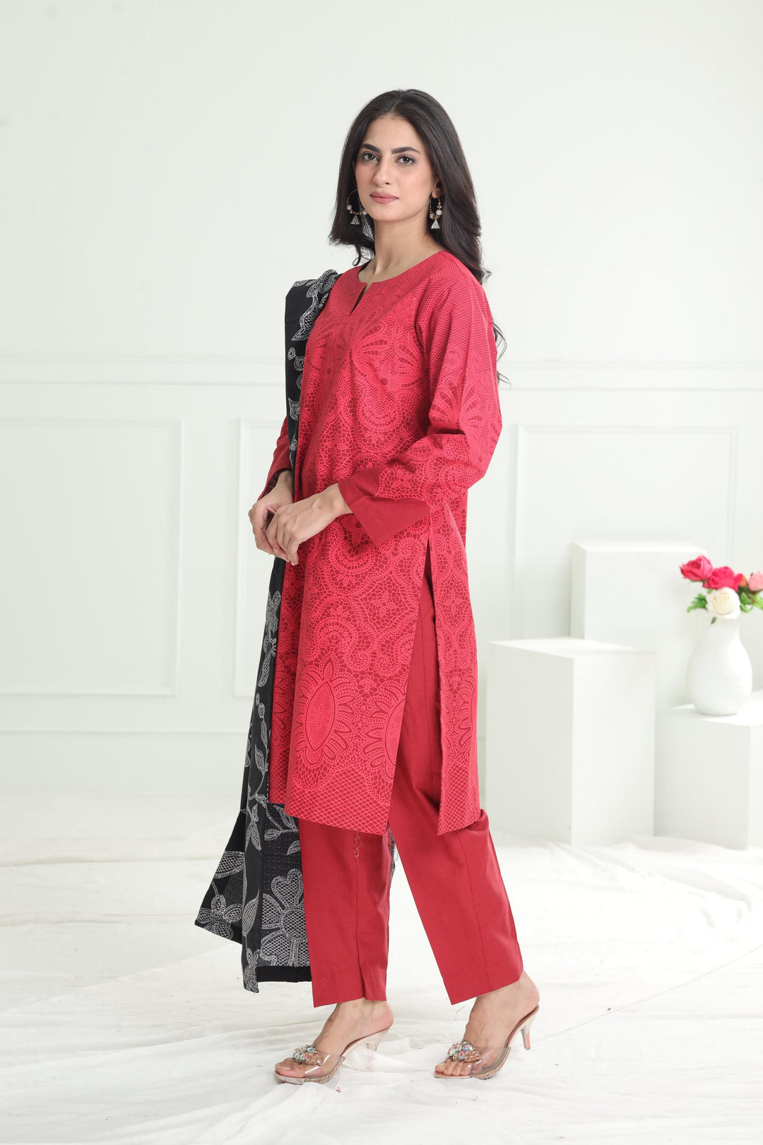 Khaddar Red Stitched Suit - Limelight