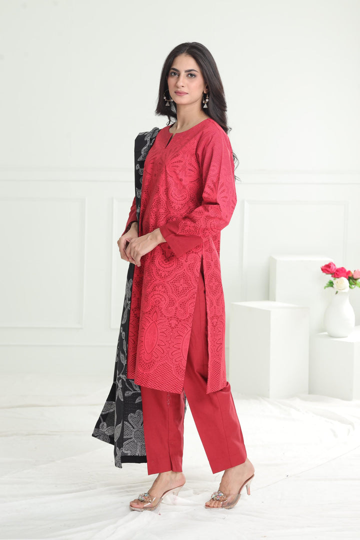 Khaddar Red Stitched Suit - Limelight