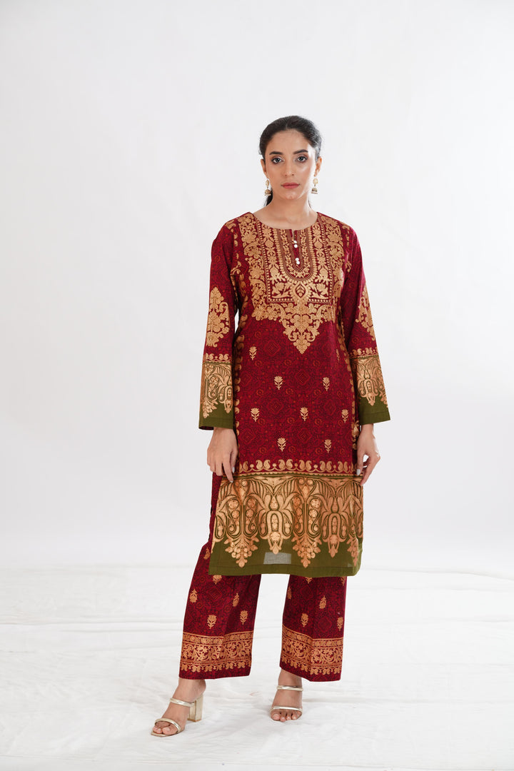Lawn Maroon Stitched Suit - Limelight