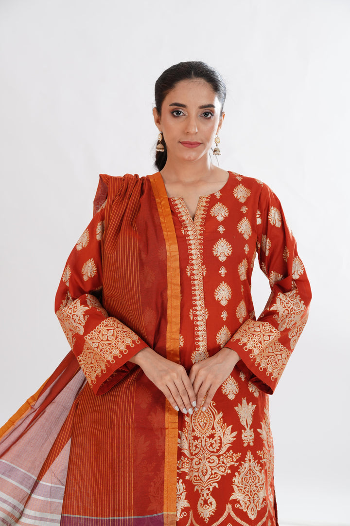 Lawn Orange Stitched Suit - Limelight