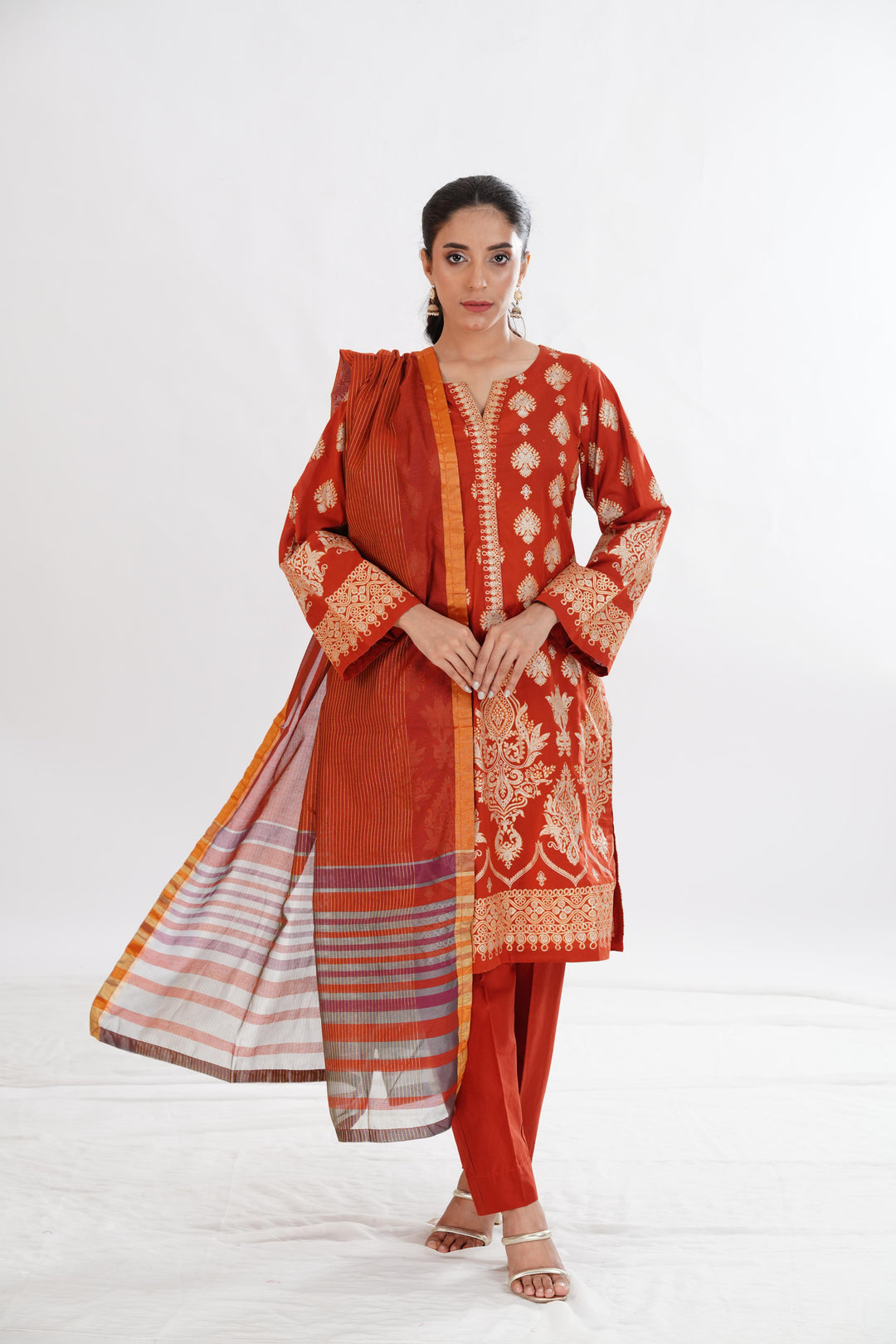 Lawn Orange Stitched Suit - Limelight