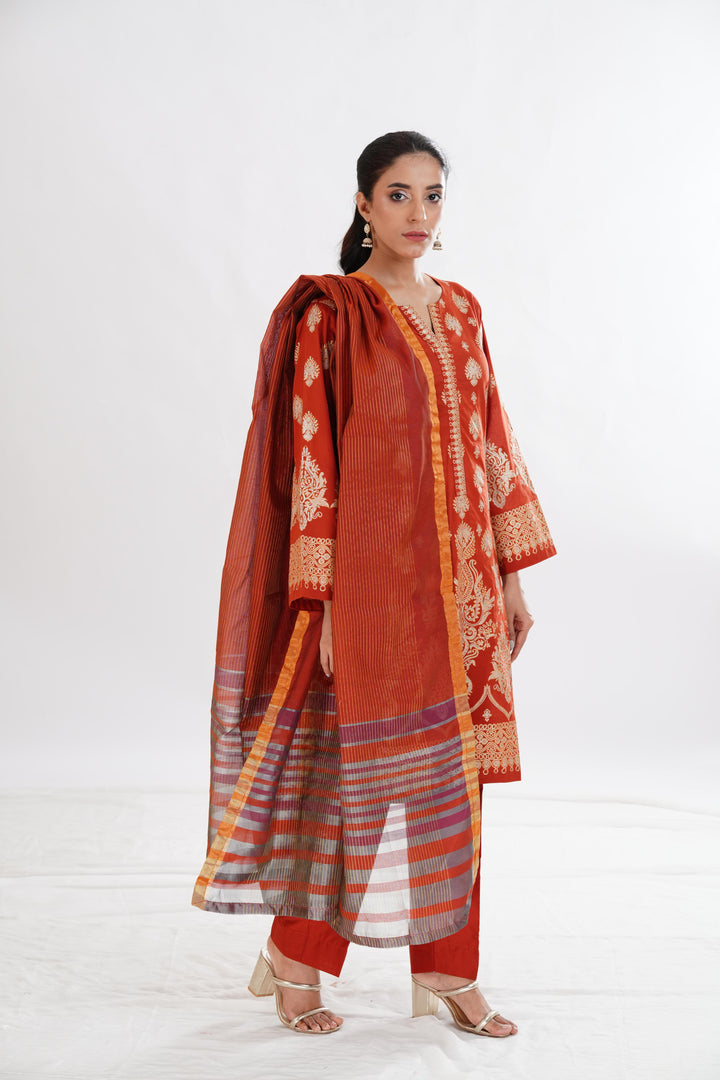 Lawn Orange Stitched Suit - Limelight