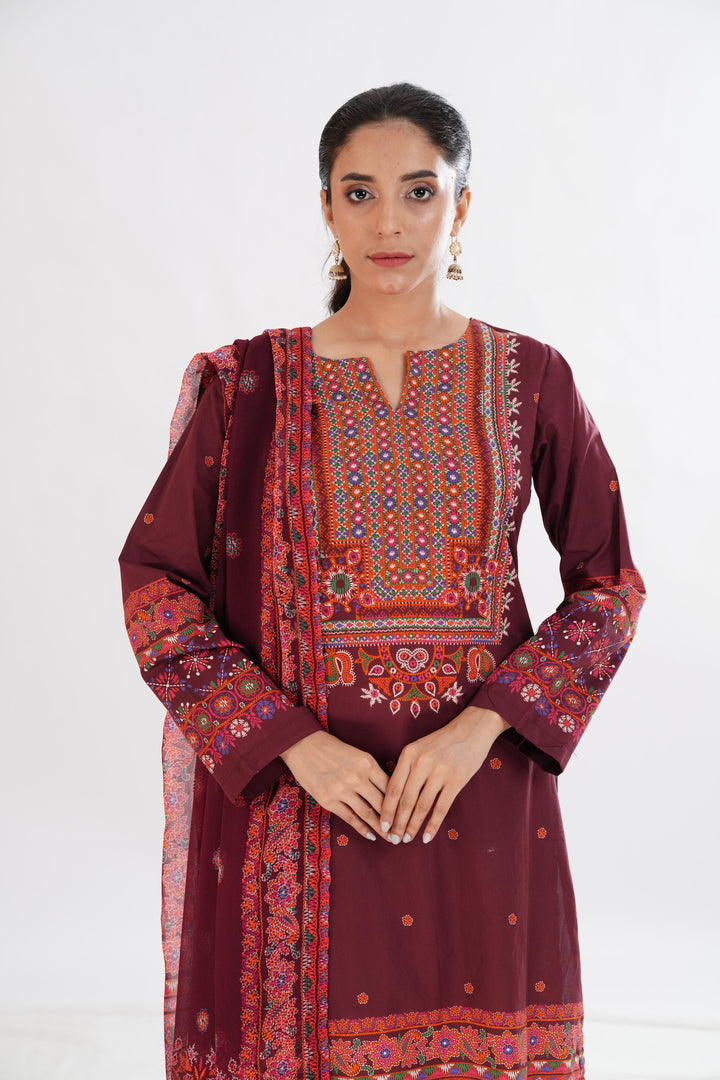 Lawn Plum Stitched Suit - Limelight