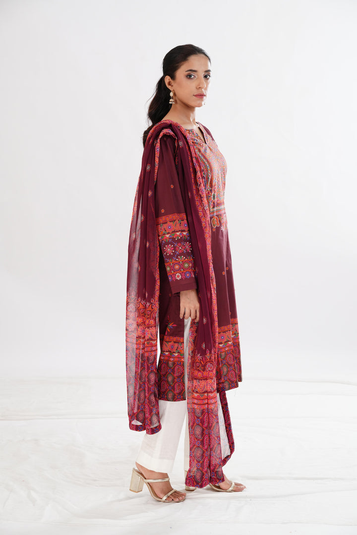 Lawn Plum Stitched Suit - Limelight