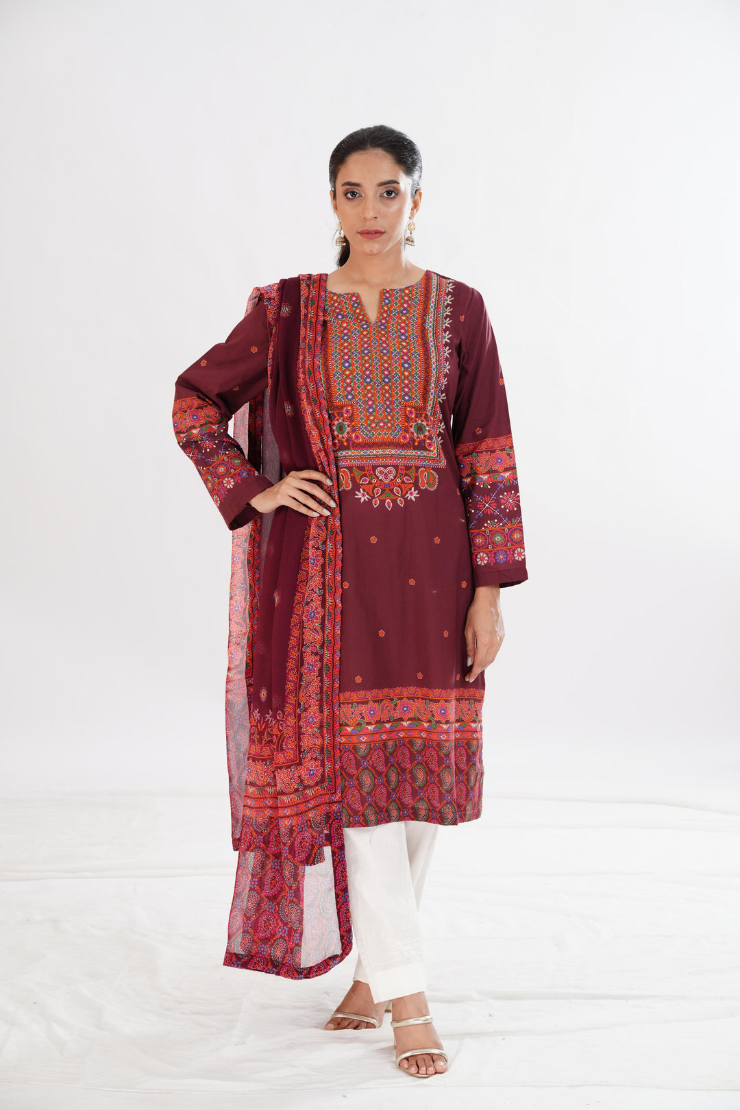 Lawn Plum Stitched Suit - Limelight