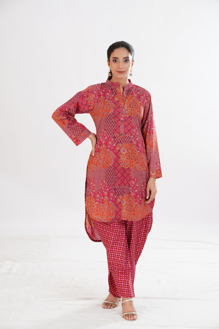 Lawn Red Stitched Suit - Limelight