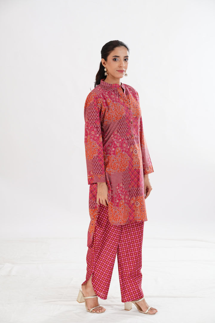 Lawn Red Stitched Suit - Limelight