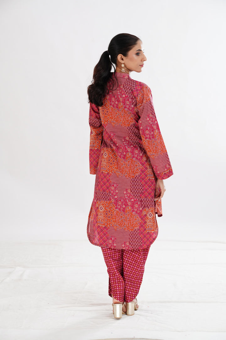 Lawn Red Stitched Suit - Limelight