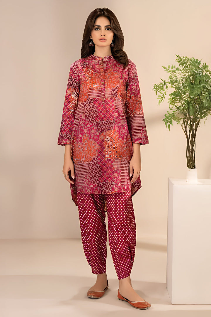 Lawn Red Stitched Suit - Limelight