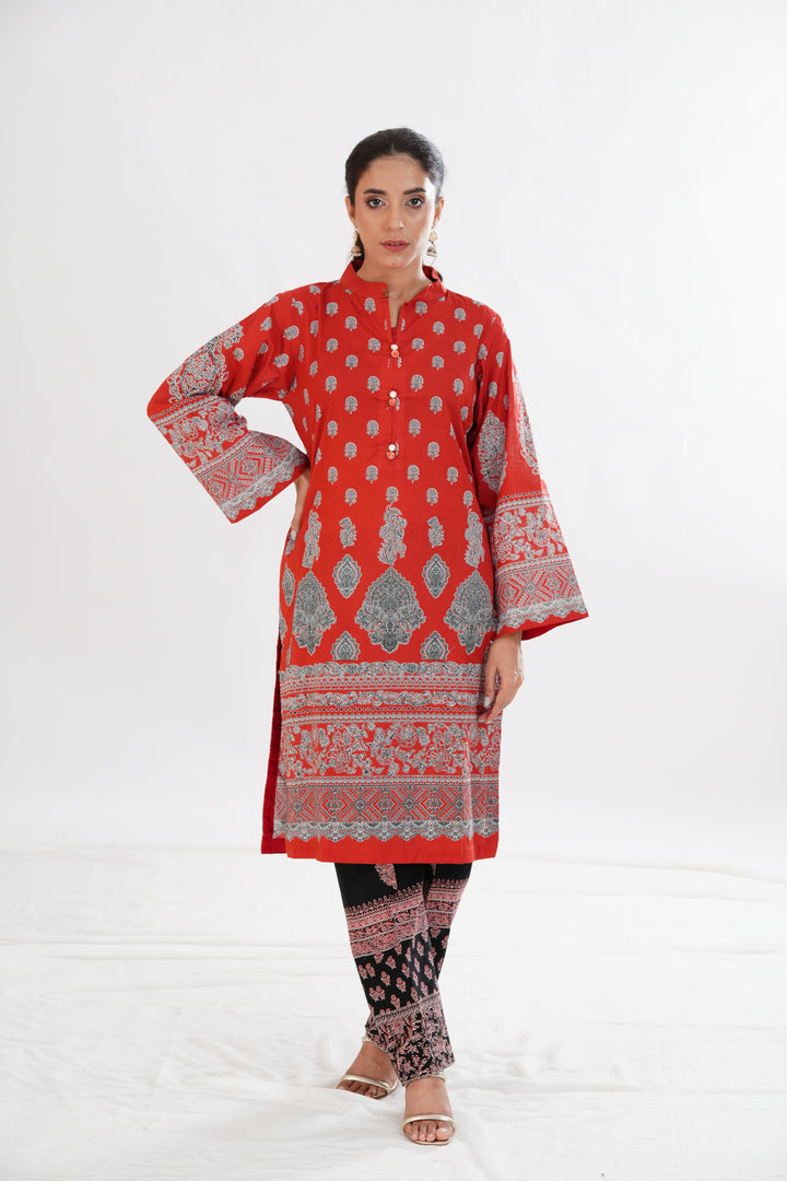 Lawn Red Stitched Suit - Limelight