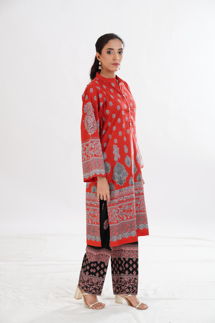 Lawn Red Stitched Suit - Limelight
