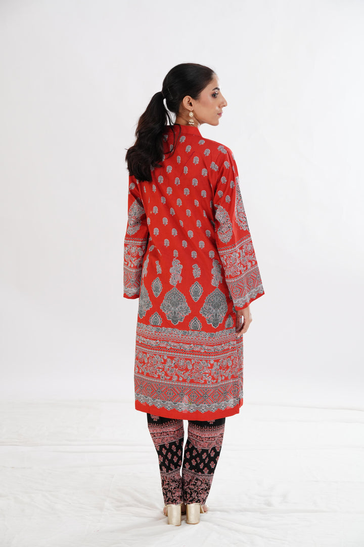 Lawn Red Stitched Suit - Limelight