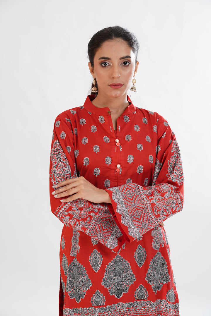 Lawn Red Stitched Suit - Limelight