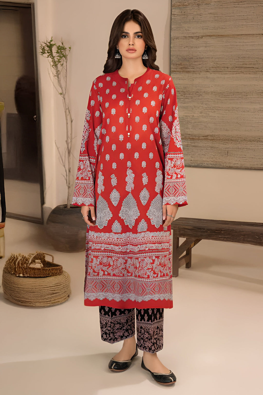 Lawn Red Stitched Suit - Limelight