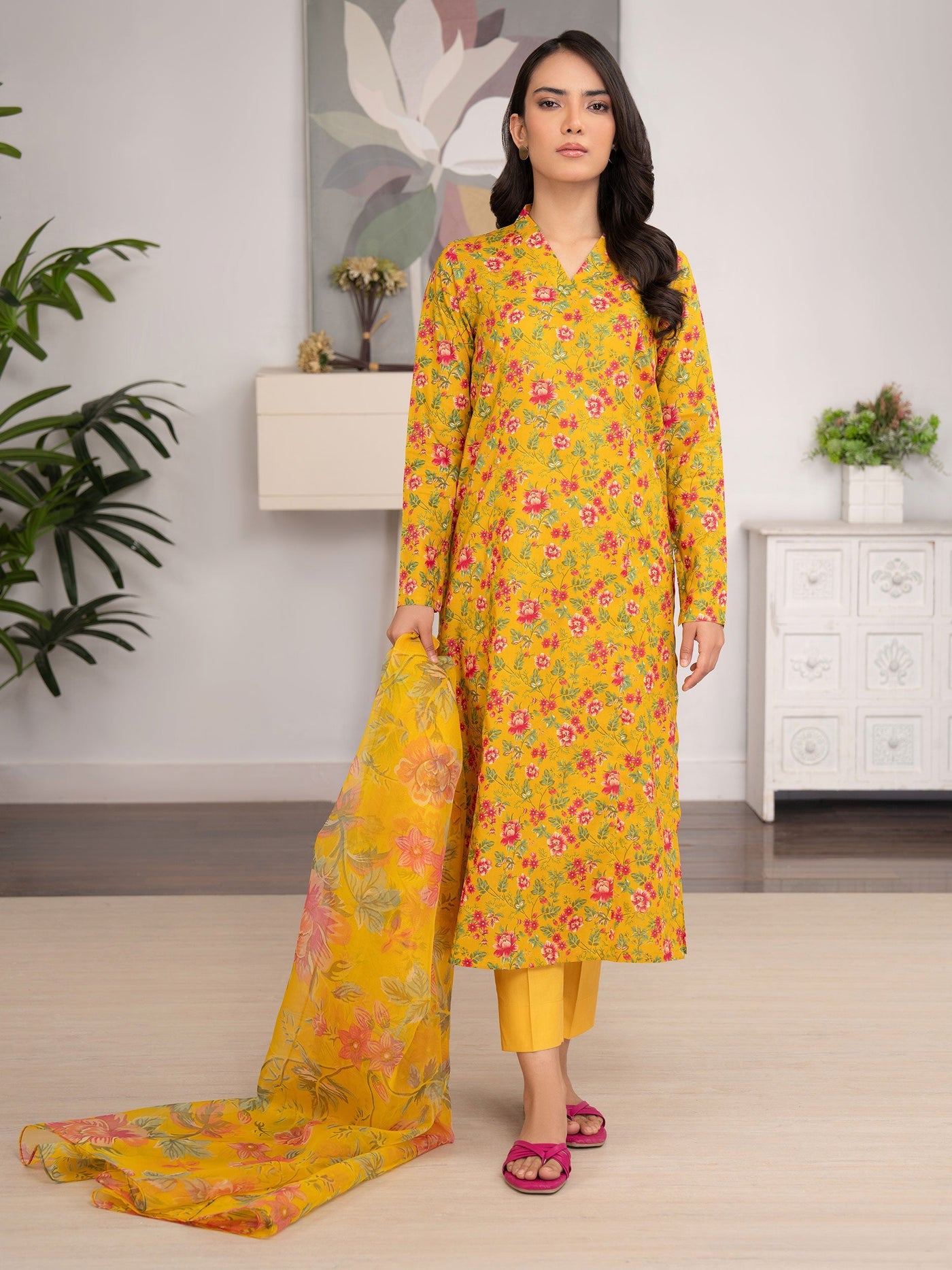 Lawn Yellow Stitched Suit - Limelight