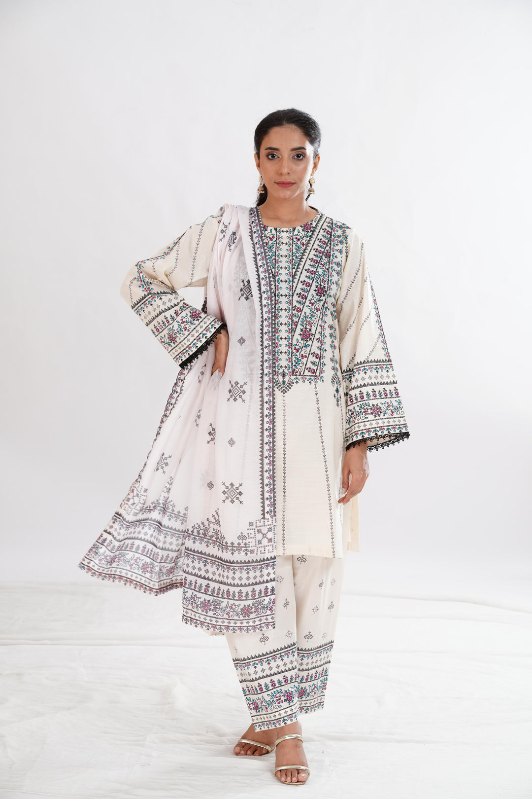 Lawn Off White Stitched Suit - Limelight