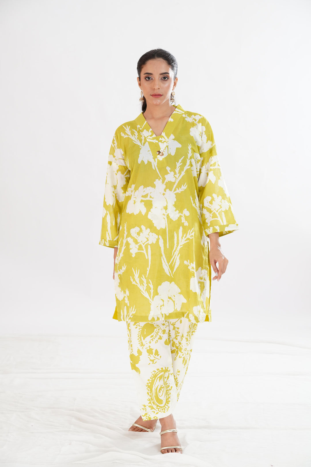 Lawn Lemon Stitched Suit - Limelight