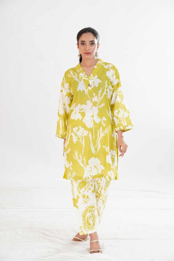 Lawn Lemon Stitched Suit - Limelight