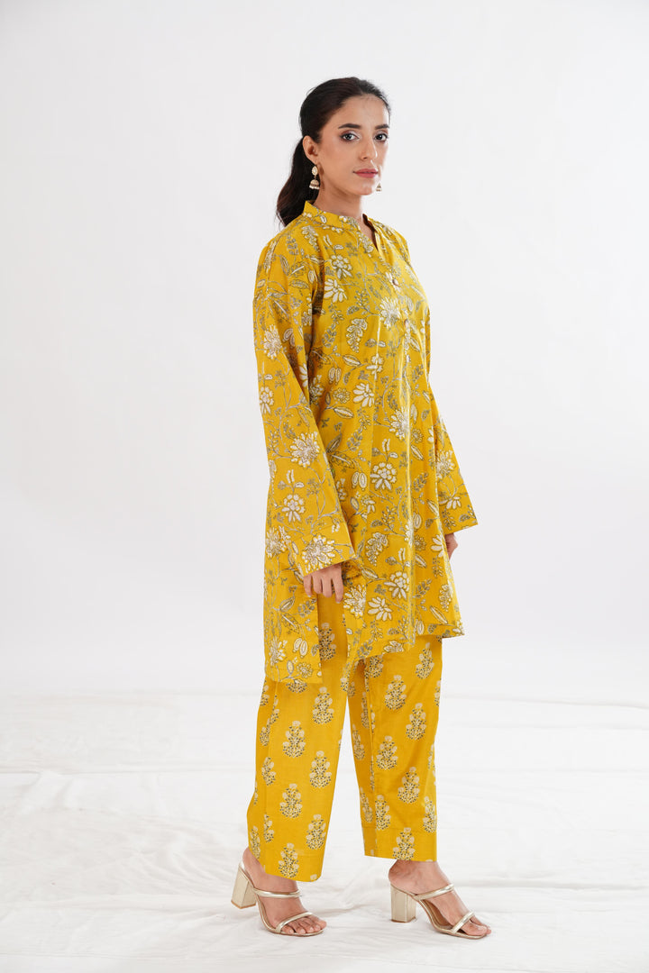 Lawn Yellow Stitched Suit - Limelight