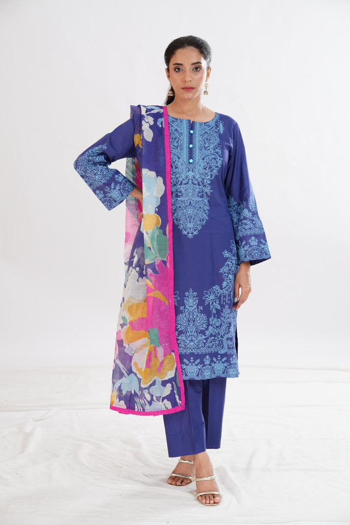 Lawn Blue Stitched Suit - Limelight