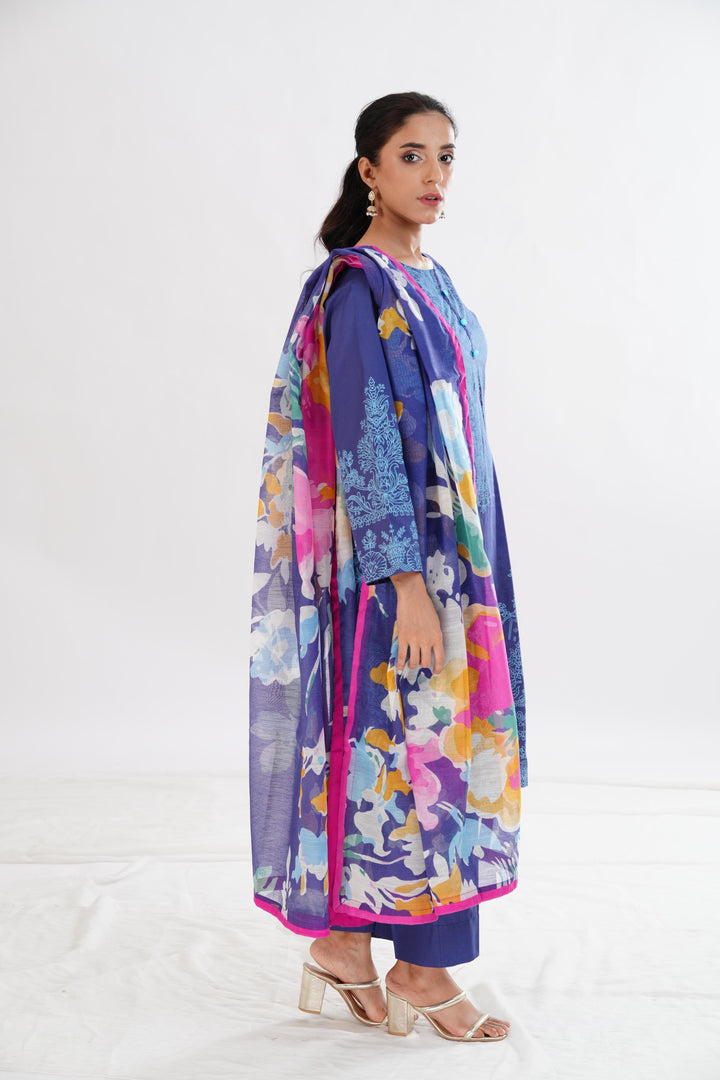Lawn Blue Stitched Suit - Limelight