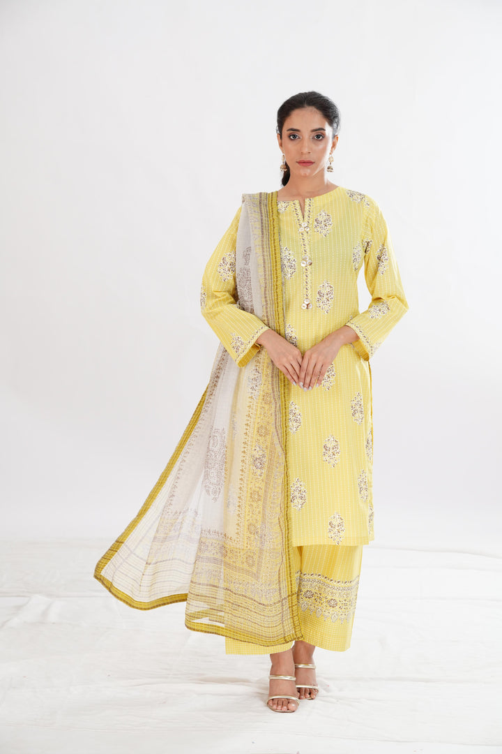 Lawn Yellow Stitched Suit - Limelight