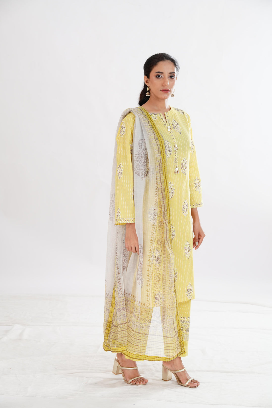 Lawn Yellow Stitched Suit - Limelight
