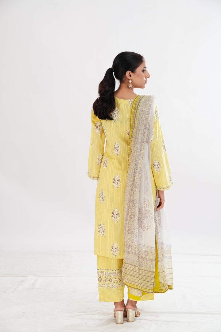 Lawn Yellow Stitched Suit - Limelight