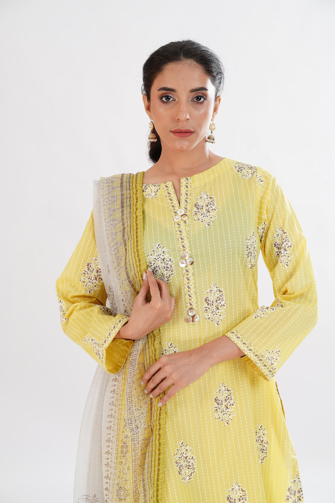 Lawn Yellow Stitched Suit - Limelight
