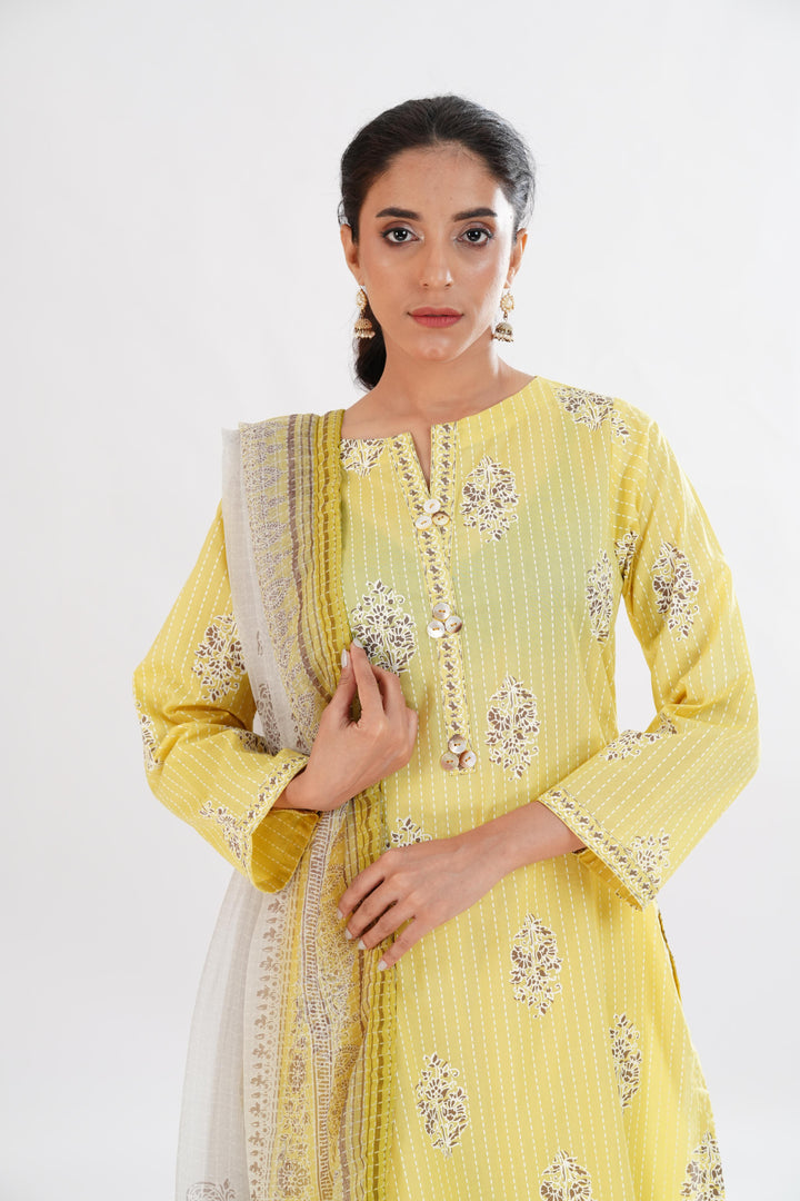 Lawn Yellow Stitched Suit - Limelight