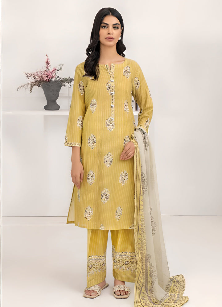 Lawn Yellow Stitched Suit - Limelight