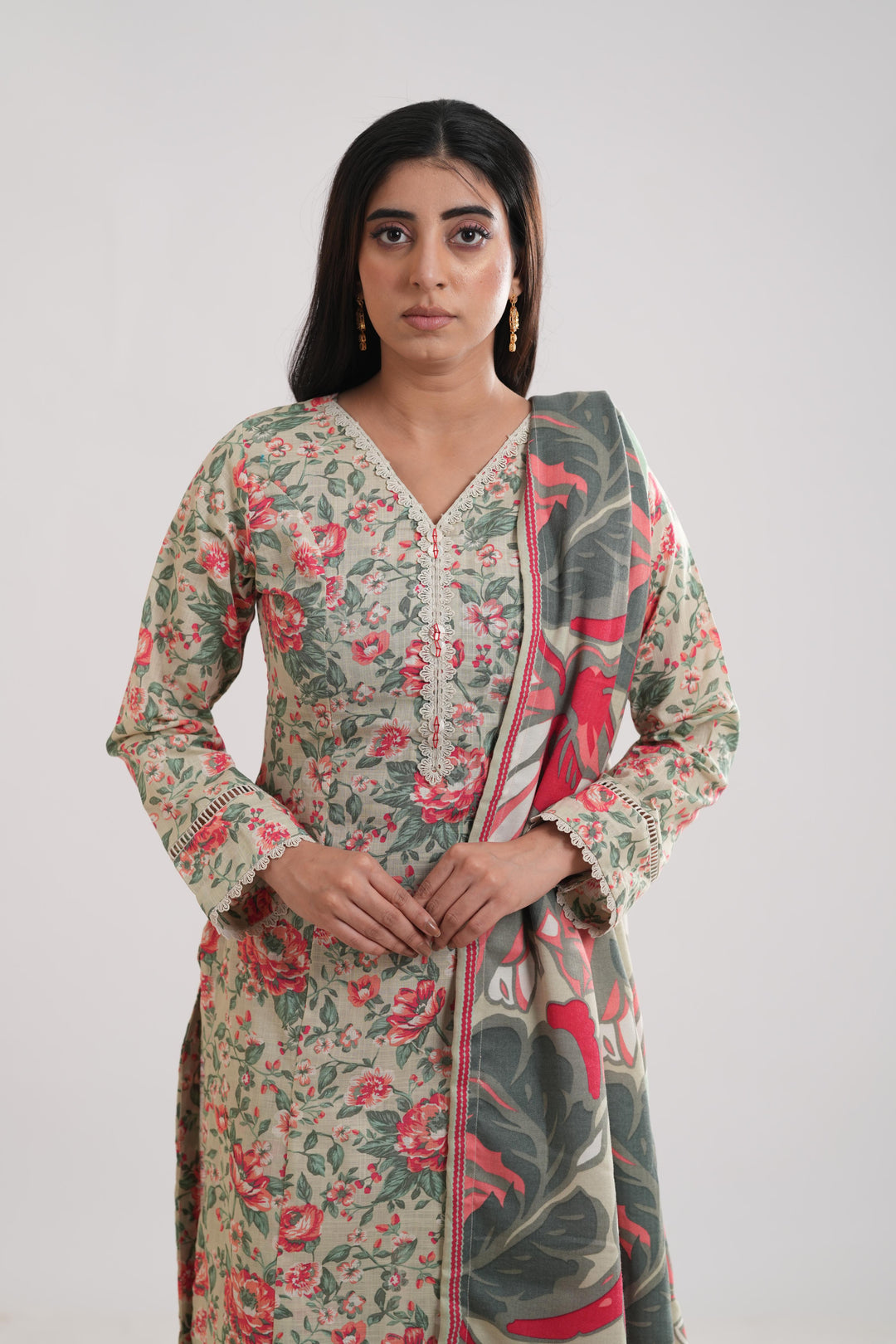 Khaddar Beige Stitched Suit - Limelight