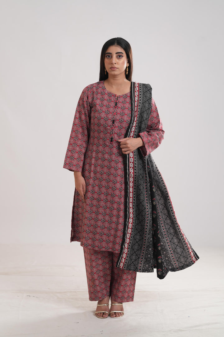Khaddar Red Stitched Suit - Limelight