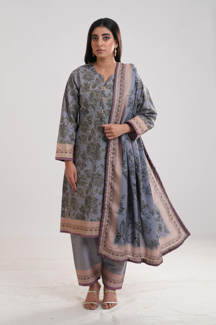Khaddar Purple Stitched Suit - Limelight
