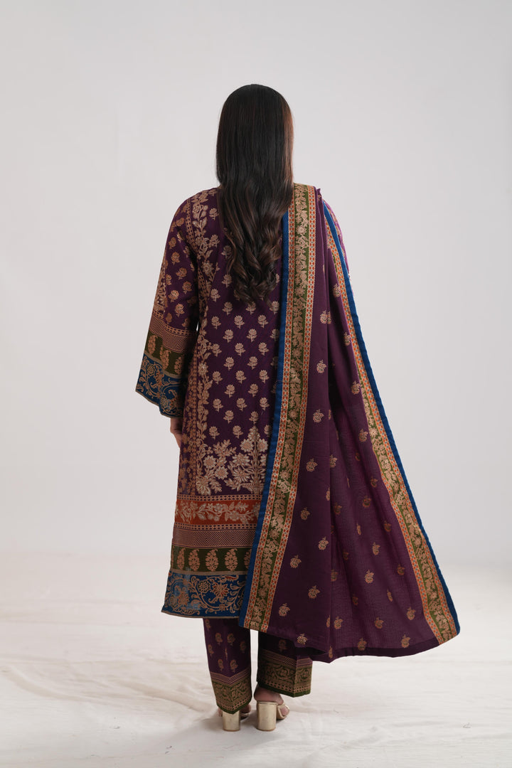 Khaddar Purple Stitched Suit - Limelight