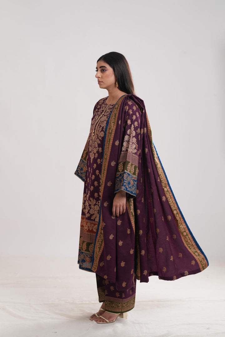 Khaddar Purple Stitched Suit - Limelight