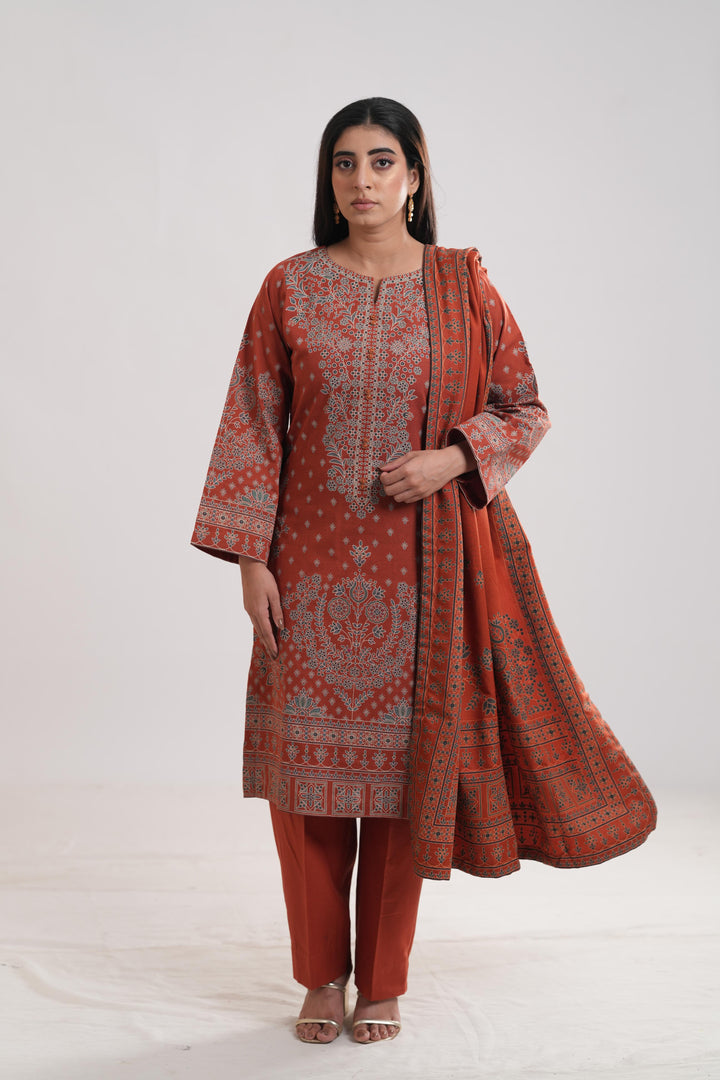 Khaddar Rust Stitched Suit - Limelight